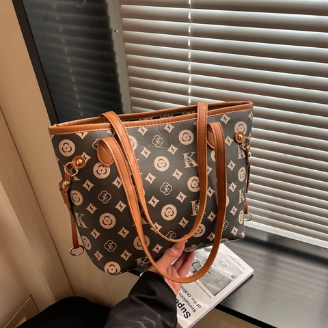Borsa Tote da Donna di Grande Capacità in Pelle PU con Stampa Monogramma Borsa a Tracolla da Pendolare con Tracolla Regolabile