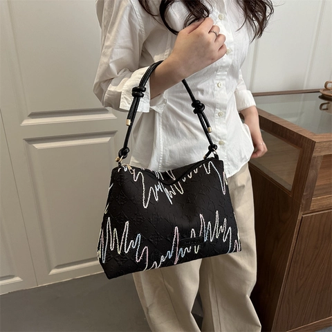 Damen PU Leder Umhängetasche Bunte Wellen Stickerei Rautenprägung Achseltasche Koreanische Mode Lässige Tote Eimer Tasche Täglich Pendeln