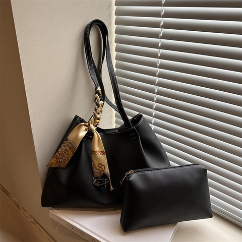 Damen Tote Bag Und Tasche PU Leder Große Kapazität Schulter Unterarm Handtasche Mit Schal Dekoration Nähte Mode Pendeln