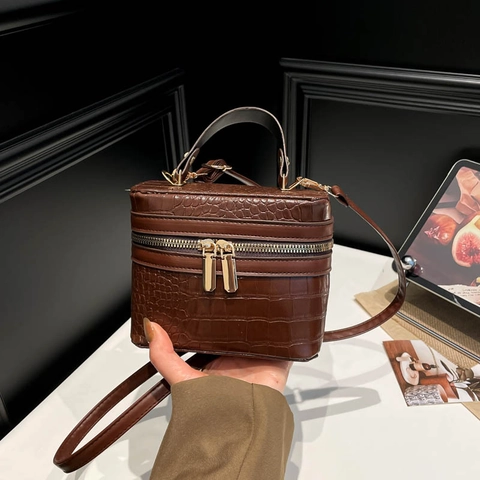 Sac Boîte Gaufré Croco pour Femme en Cuir PU avec Poignée Supérieure Bandoulière Matériel Doré Sac de Maquillage Mode Quotidien