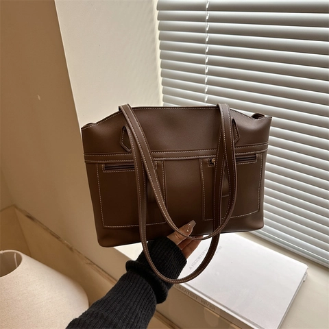 Women Large Capacity Tote Bag PU Leather Crossbody Shoulder Bag With Contrast Stitching Front Zipper Pockets Casual Style