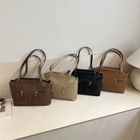 Borsa Tote in Pelle PU Vintage di Grande Capacità per Donna Borsa a Tracolla con Cuciture a Contrasto e Doppie Tasche Anteriori con Zip