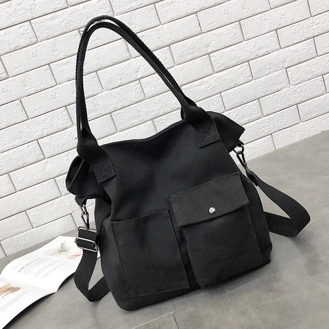 Sac Cabas En Toile Pour Femmes Grande Capacité Multi Poches Sac À Bandoulière Sac À Main Style Japonais Minimaliste Décontracté