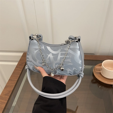 PU Leather Underarm Bag Abstract Letter Print Knotted Strap Silver Chain Heart Artificial Pearl Pendants Crescent Crossbody