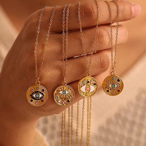 Evil Eye Anhänger Halskette Edelstahl Bunte Emaille Zirkon Böhmischer Modeschmuck Für Frauen