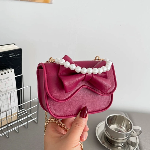 Bolso Bandolera Mini para Mujer Cuero PU Decoración Lazo Asa de Perlas Artificiales Cadena Oro Bolso de Hombro Dulce Bolso de Mano