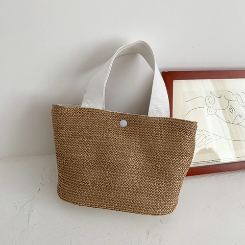 Women Summer Straw Woven Handbag Casual Beach Vacation Tote Bag Canvas Handles Magnetic Snap Closure Small Square Bag