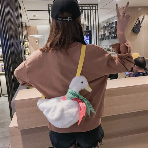 Cute Duck Shaped Plush Crossbody Bag For Women Teenagers Fashion Cartoon Animal Shoulder Bag With Scarf Decoration Soft Purse