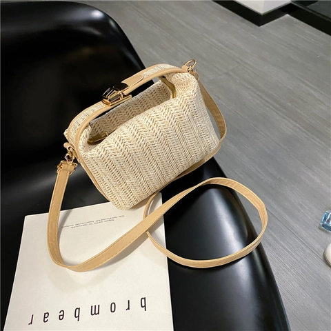 Woven Straw Crossbody Bag With PU Leather Strap Gold Lock Small Square Summer Beach Vacation Shoulder Handbag For Women