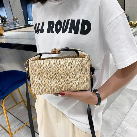 Women Straw Woven Shoulder Crossbody Bag Small Square Summer Beach Handbag PU Leather Strap Metal Lock Korean Trendy Fashion