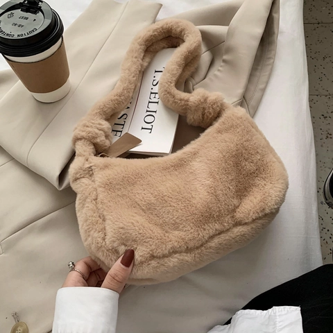 Women Fashion Plush Faux Fur Shoulder Bag Soft Underarm Hobo Bag With Knot Strap Winter Solid Color Handbag