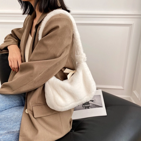 Women Fashion Plush Faux Fur Shoulder Bag Soft Underarm Hobo Bag With Knot Strap Winter Solid Color Handbag