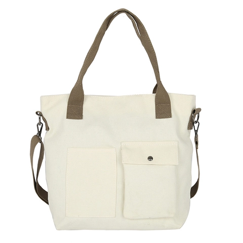 Sac Cabas En Toile Pour Femmes Grande Capacité Multi Poches Sac À Bandoulière Sac À Main Style Japonais Minimaliste Décontracté