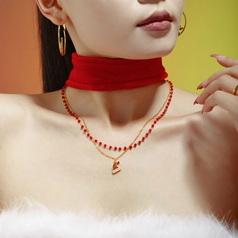 Christmas Hat Pendant Jewelry Stainless Steel Red Garnet Beads Zircon Double Layer Necklace Bracelet Festive Women Gift
