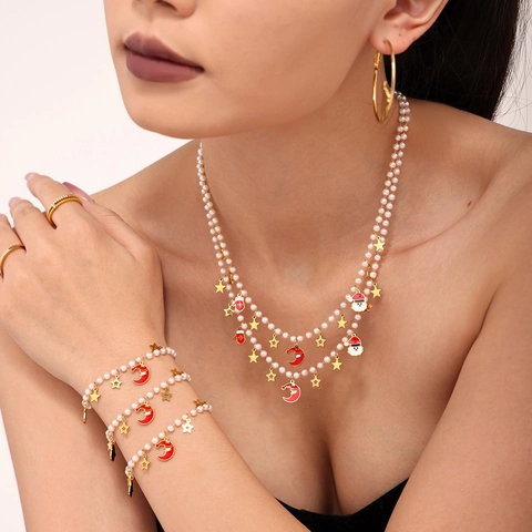Christmas Santa Star Enamel Stainless Steel Jewelry Set For Women Imitation Pearl Necklace And Bracelet Jewelry Gift