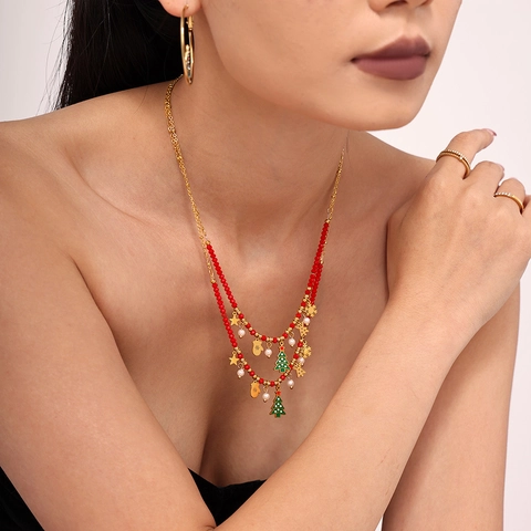 Dromerige Kerstboom Hanger Ketting Roestvrij Staal Emaille Glazuur Rode Kralen Ketting Zirconia Granaat Kerstcadeau Voor Dames