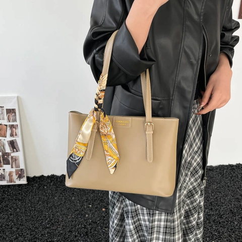 Women Simple Solid Color PU Leather Tote Bag Large Capacity Commute Shoulder Bag With Decorative Satin Scarf