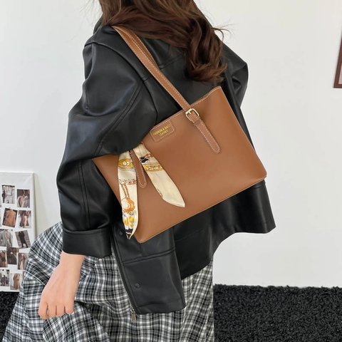 Women Simple Solid Color PU Leather Tote Bag Large Capacity Commute Shoulder Bag With Decorative Satin Scarf