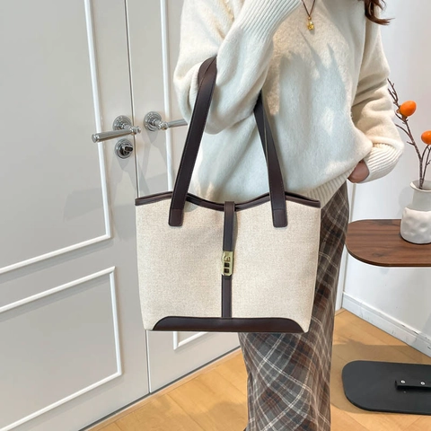 Large Capacity Tote Bag Women Canvas PU Leather Contrast Color Commuter Shoulder Handbag Office Daily Minimalist Style