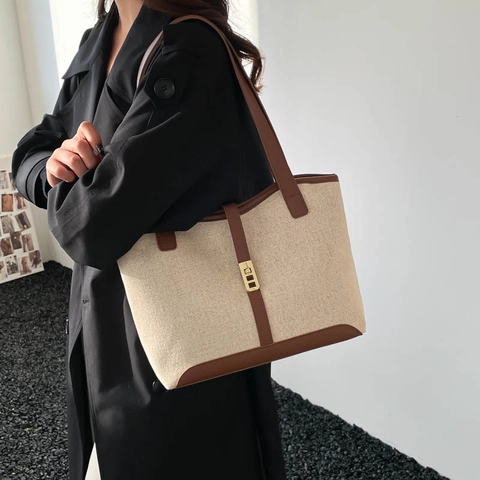 Vrouwen Vintage Canvas PU Leer Patchwork Tote Tas Grote Capaciteit Woon-werkverkeer Schoudertas Elegante Oksel Handtas