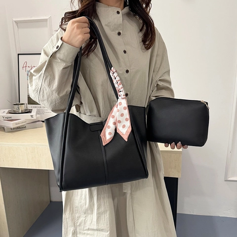 PU Leather Tote Bag And Pouch With Dotted Satin Scarf Magnetic Buckle Large Capacity Modern Chic Commuting Shoulder Bag