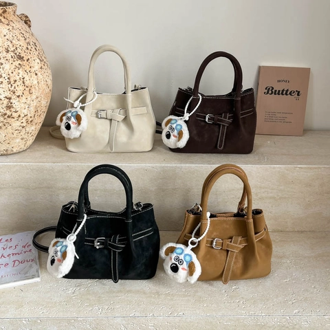 Fashion PU Leather Suede Texture Shoulder Bag For Women Contrast Stitching Minimalist Small Square Crossbody Bag With Dog Pendant