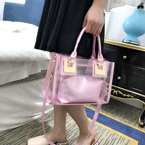 Borsa a Spalla Jelly Trasparente da Donna Set 2 In 1 Con Tasca Interna PVC PU Borsa a Mano Moda Trasparente