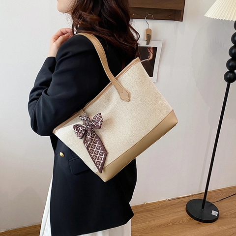 Borsa Tote da Donna Grande Capacità in Tessuto a Maglia Con Foulard in Satin Finiture in Pelle Borsa a Spalla per Ufficio