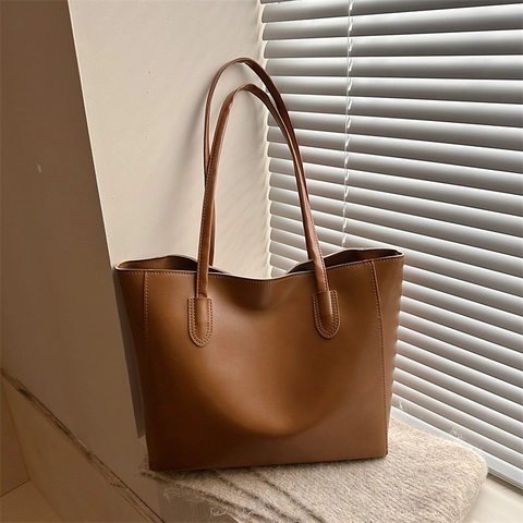 Women Minimalist PU Leather Tote Bag Large Capacity Solid Color Shoulder Bag For Commuting Daily Fashion Handbag