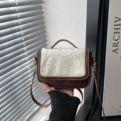 Borsa Tracolla Donna Sherpa Fleece Pelle PU Piccola Borsa Quadrata Retro Autunno Inverno Tracolla Regolabile Dettagli Oro