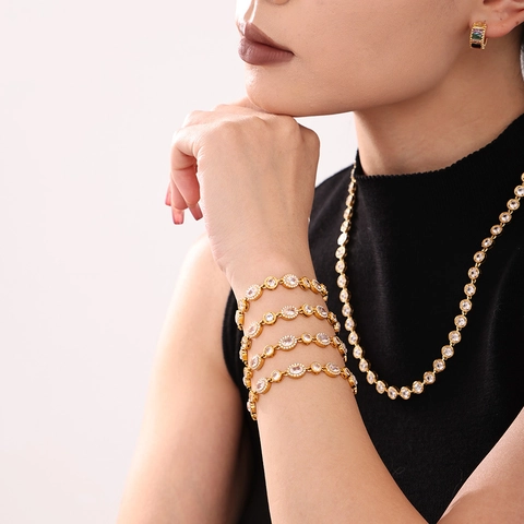 Bracciale A Maglia Con Zirconi Acciaio Inossidabile Placcato Oro Ovale Rotondo Gioielli Cristallo Regalo Per Donne Regolabile