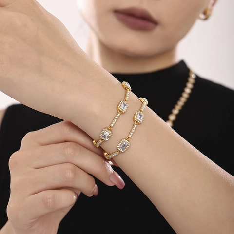 Rectangular Zircon Bracelet Stainless Steel Geometric Link Chain Elegant Jewelry For Women PVD Gold Plated Non Tarnish