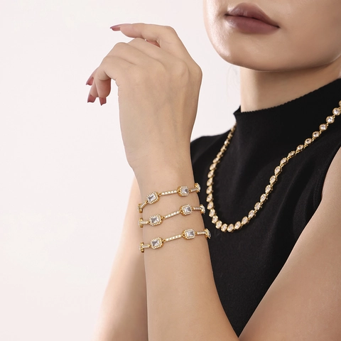 Rectangular Zircon Bracelet Stainless Steel Geometric Link Chain Elegant Jewelry For Women PVD Gold Plated Non Tarnish