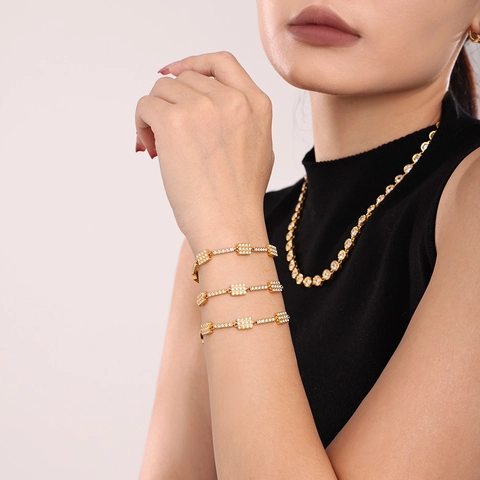 Luxury Stainless Steel Rectangular Cubic Zirconia Inlaid Bracelet Gold Silver Geometric Chain For Women Jewelry Gift