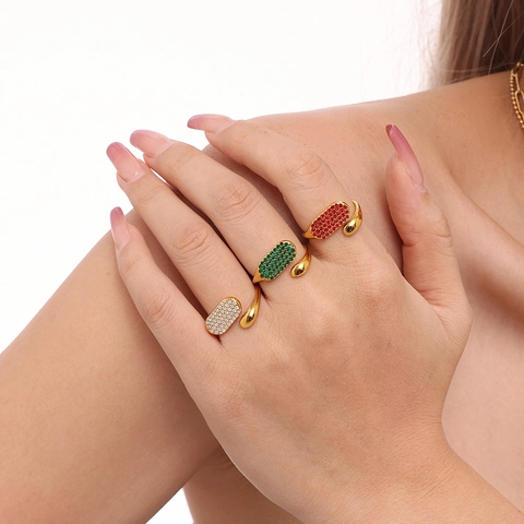 Bague Ouverte en Acier Inoxydable Pavée de Zirconia Design de Niche Haute Qualité Ovale Réglable pour Femme Cadeau Bijoux