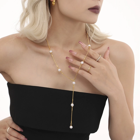 Elegante Collar Lariat en Forma de Y de Acero Inoxidable Con Perla Artificial de Imitación Flecos Largos Joyería de Lujo Para Mujer