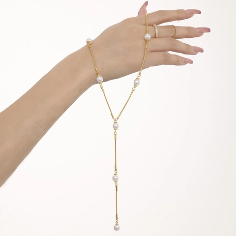 Elegante Collar Lariat en Forma de Y de Acero Inoxidable Con Perla Artificial de Imitación Flecos Largos Joyería de Lujo Para Mujer