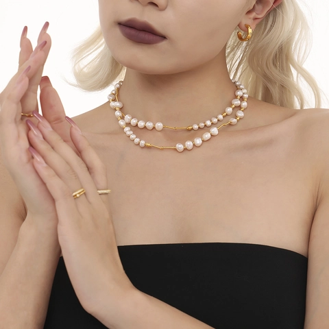 Freshwater Pearl Long Sweater Chain Necklace Stainless Steel Gold Plated Baroque Irregular Beaded Elegant Jewelry Women