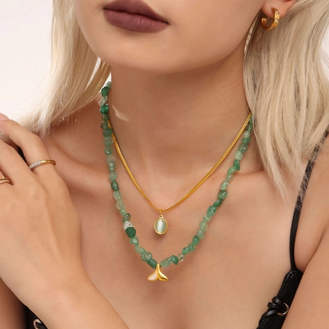 Women Stainless Steel Double Layered Necklace Set Gold Snake Chain With Oval Aquamarine Pendant Natural Green Stone Beaded Fishtail Shell Necklace Elegant Fashion Jewelry Gift
