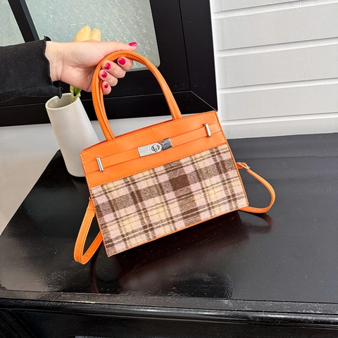 Borsa a Mano Patchwork Scozzese da Donna in Pelle PU a Tracolla Con Chiusura a Girello Argento Stile Vintage Borsa Tote