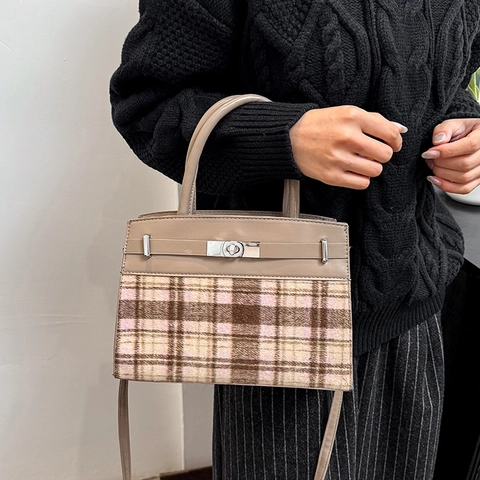 Dames Vintage Ruit Splicing Handtas PU Leer Contrastkleur Crossbody Tas Met Metalen Slot Verstelbare Schouderriem Modetas