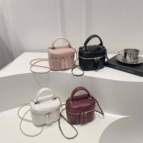Sac Boîte pour Femmes en Cuir PU Motif Crocodile Vintage Chaîne Sac en Bandoulière Mini Sac à Main Double Fermeture Éclair