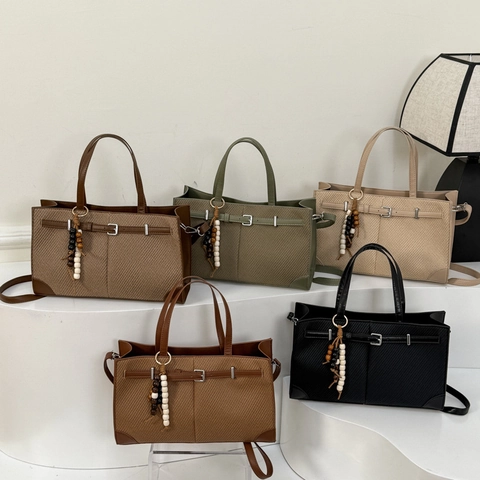 Borsa Tote Vintage in Pelle PU Donna Trama Intrecciata Borsa a Tracolla Capiente Borsetta Con Decorazione Nappa Perline