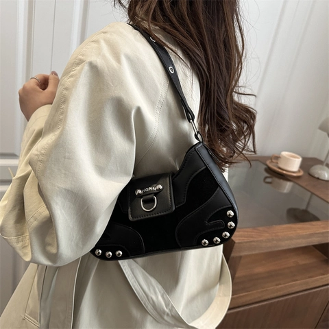 Vintage Dames Onderarmtas PU Leer Suède Patchwork Zilveren Klinknagels Niche Mode Crossbody Tas Schoudertas Voor Woon-werkverkeer