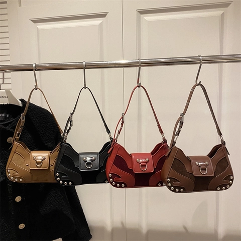 Sac à Épaule Vintage pour Femme Épissage Cuir Rivet Décoratif Sac à Main Décontracté Petit Sac Carré Tendance pour Dame