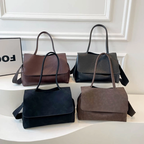 Retro PU Leather Flap Shoulder Bag For Women Large Capacity Suede Frosted Crossbody Tote Bag With Wide Strap Commuting Handbag