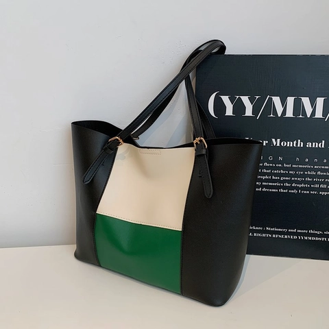 Retro Contrast Color Stitching PU Leather Tote Bag Large Capacity Adjustable Shoulder Strap Commuter Handbag Women