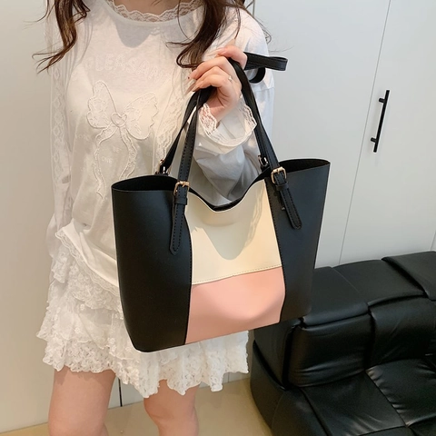 Retro Contrast Color Stitching PU Leather Tote Bag Large Capacity Adjustable Shoulder Strap Commuter Handbag Women