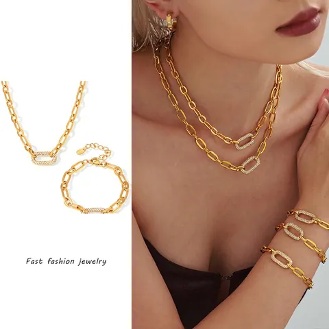 Moda Acciaio Inossidabile Zircone Catena a Graffetta Ovale Collana E Bracciale per Donna Gioielli Minimalisti Lusso Leggero