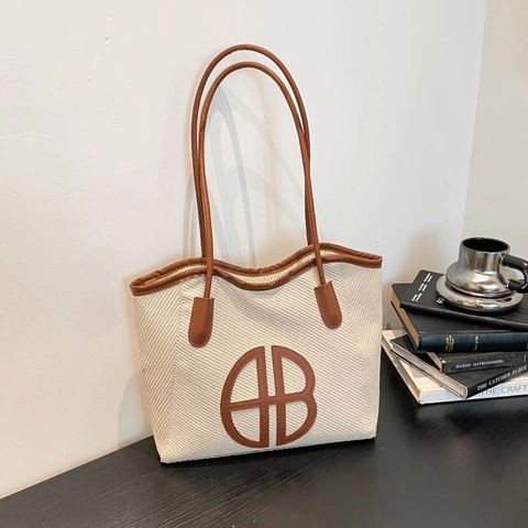 Mode Dames Grote Capaciteit Geweven Tote Bag Commuter PU Lederen Trim Letter Schoudertas Underarm Handtas